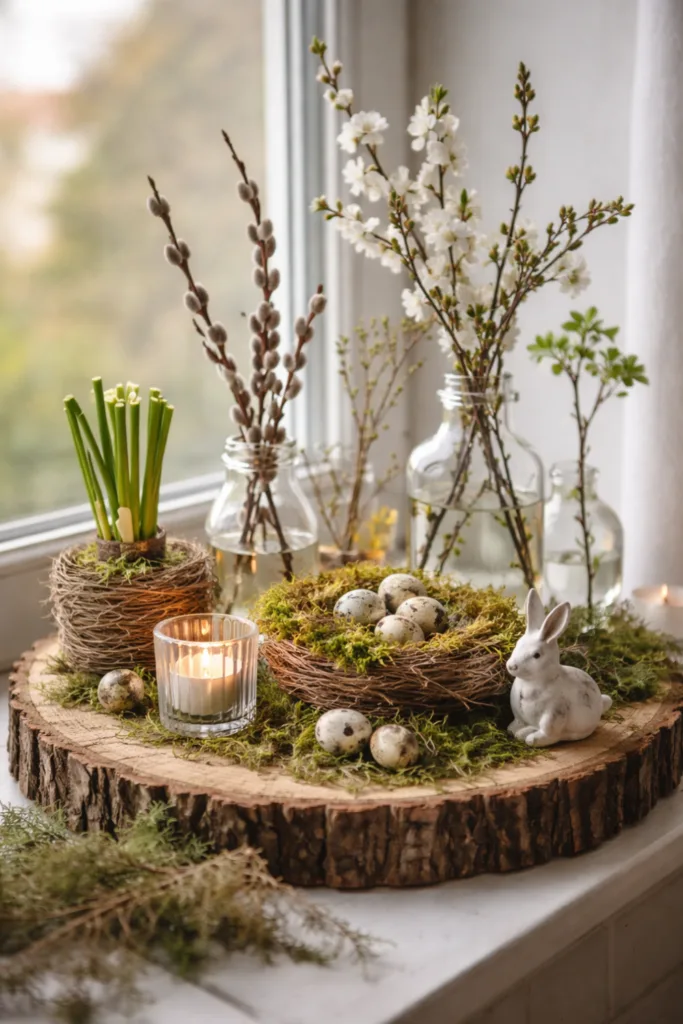 Natürliche Frühlingsdeko für die Fensterbank mit Moos, Zweigen und Glasvasen