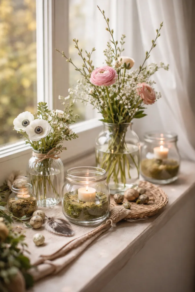 Frühlingsdeko Fensterbank mit Glasvasen, Blumen und Kerzen im natürlichen Licht