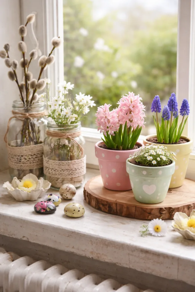 Frühlingsdeko auf der Fensterbank mit bemalten Tontöpfen, Blumen und Glasvasen