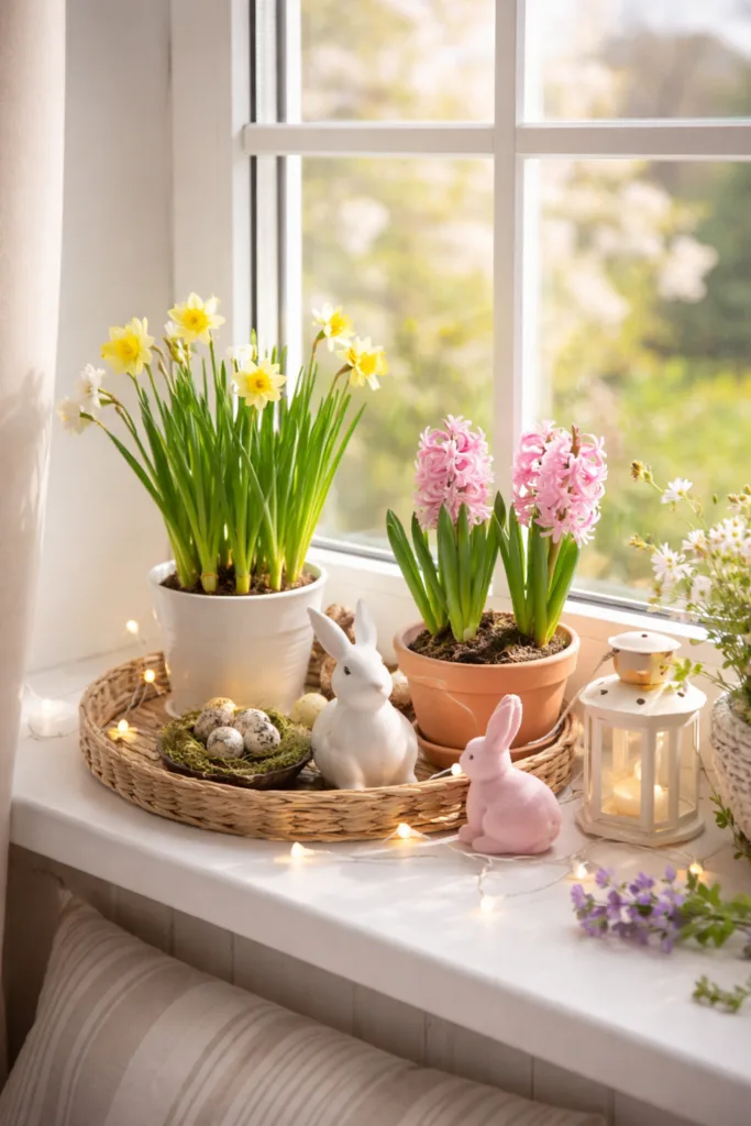 5 wunderschöne Ideen für deine Frühlingsdeko am Fenster Helle Fensterbank mit Frühlingsdeko, Narzissen, Hyazinthen und Deko-Hasen im Sonnenlicht