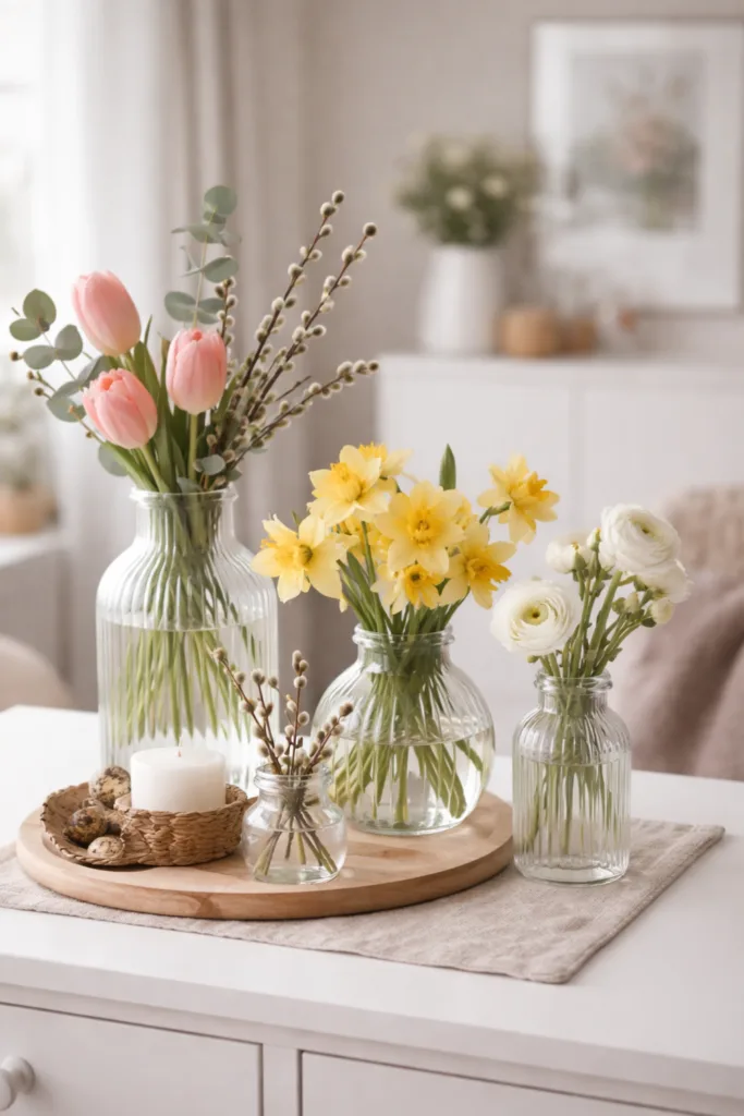 Frühlingsdeko für die Anrichte mit Tulpen, Narzissen und Weidenkätzchen in Glasvasen