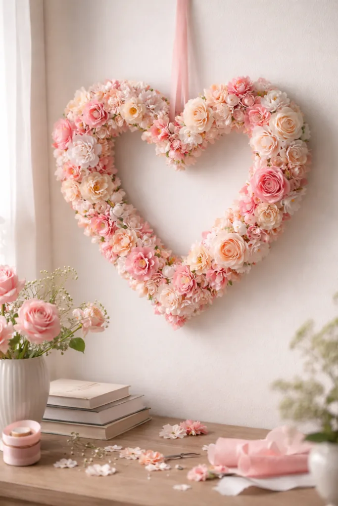 Herzdeko zum Valentinstag - 5 romantische Ideen voller Liebe Herzförmiger Kranz aus zarten Papierblumen als liebevolle Herzdeko zum Valentinstag