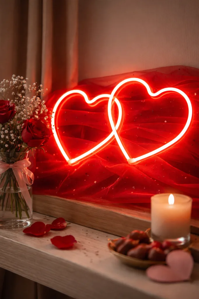 Herzdeko zum Valentinstag - 5 romantische Ideen voller Liebe Zwei leuchtende Neon-Herzen als romantische Herzdeko zum Valentinstag auf rotem Stoff