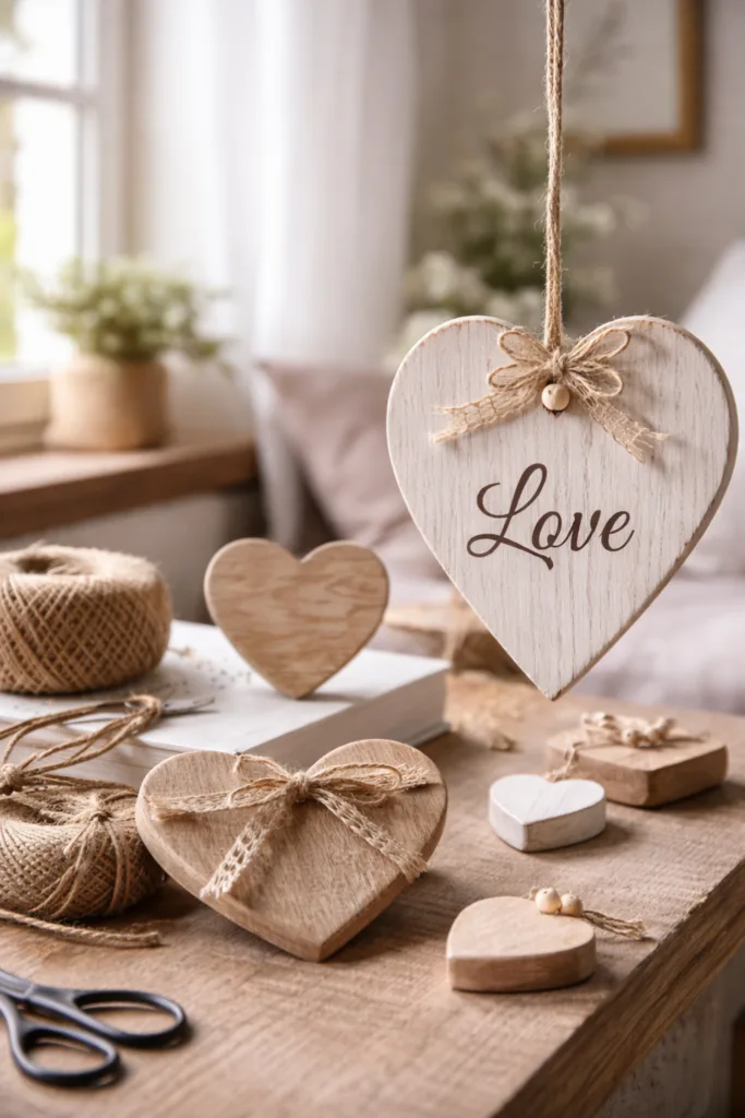 Herzdeko zum Valentinstag - 5 romantische Ideen voller Liebe Holzherz-Deko mit Juteschnur und Spitze als Valentinstagsdekoration auf Holztisch