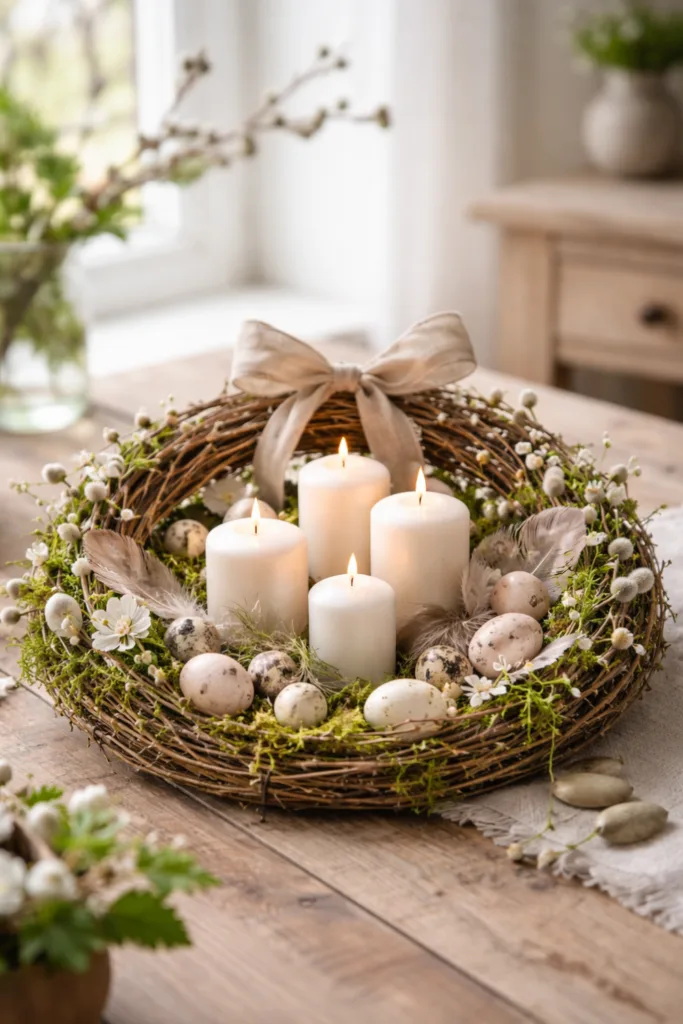 Osterkranz aus Weide mit Moos, Eiern und Kerzen als natürliche Osterdeko