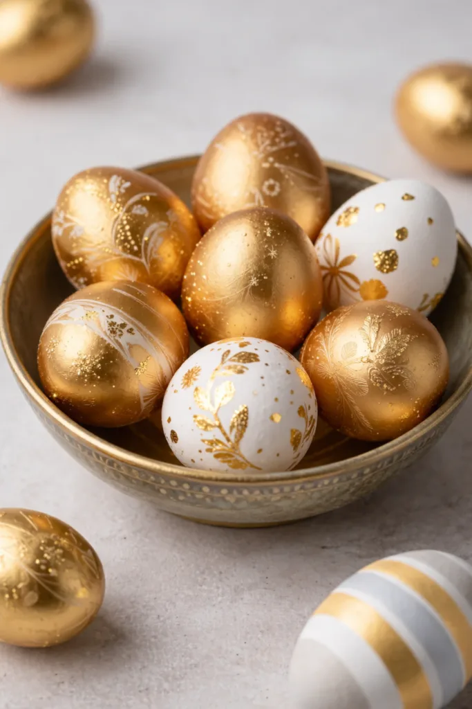Goldene und weiße Ostereier mit filigranen Mustern als Osterdeko Trend 2026