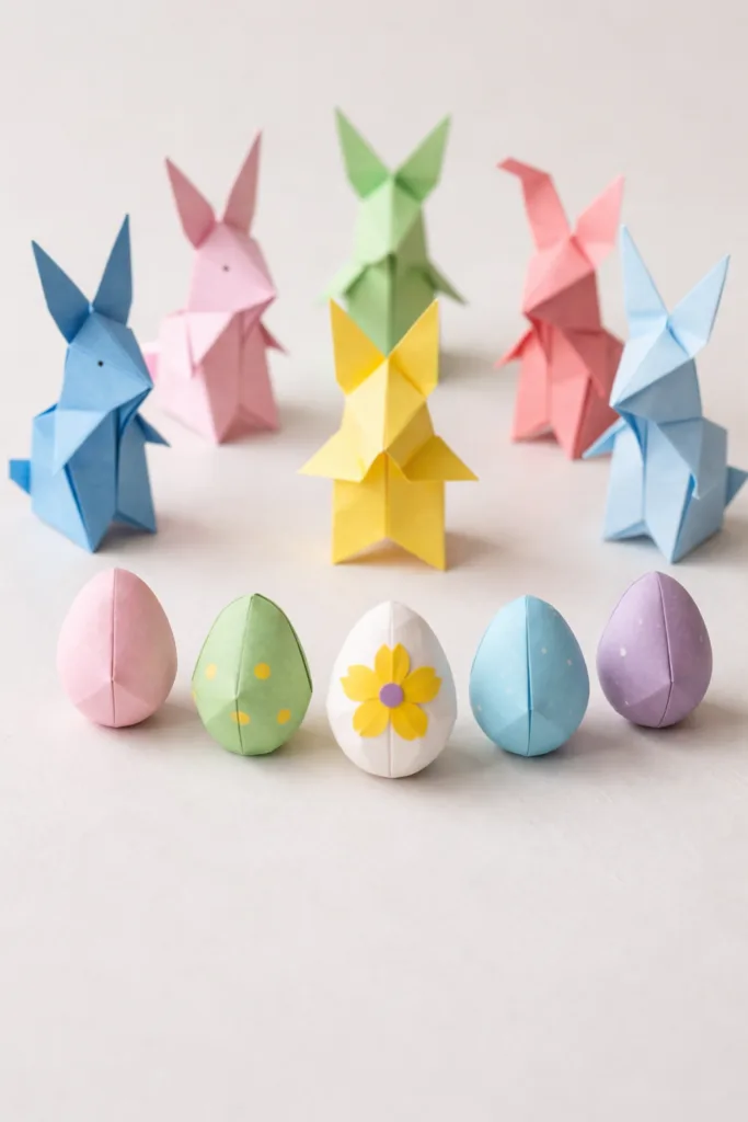 Origami-Hasen und bunte Papier-Eier in Pastellfarben als Osterdeko Trend 2026