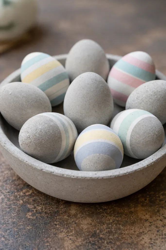 Beton-Eier mit Pastellstreifen als moderne Osterdeko 2026 im minimalistischen Wohnstil
