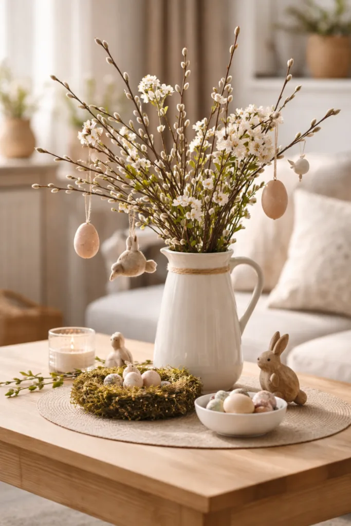 Natürliche Osterdeko mit Weidenkätzchen und Kirschblüten in Vase im Wohnzimmer