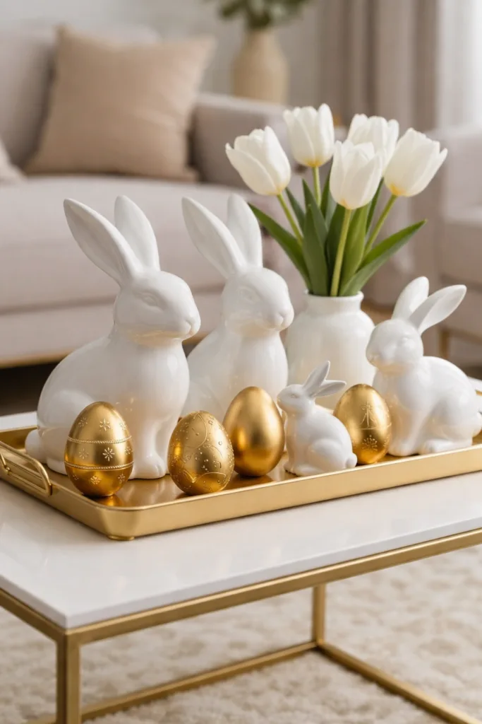 Weiße Hasenfiguren und goldene Ostereier auf Tablett als stilvolle Osterdeko fürs Wohnzimmer