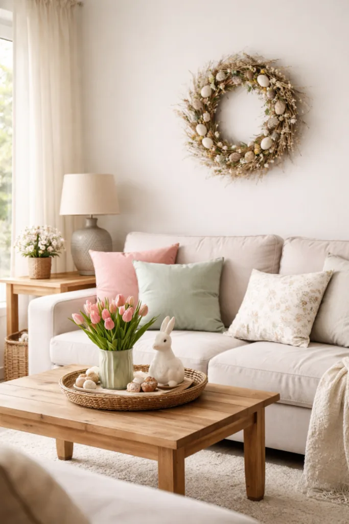 Helles Wohnzimmer mit Osterdeko, Trockenblumenkranz, pastellfarbenen Kissen und Tulpen auf dem Tisch