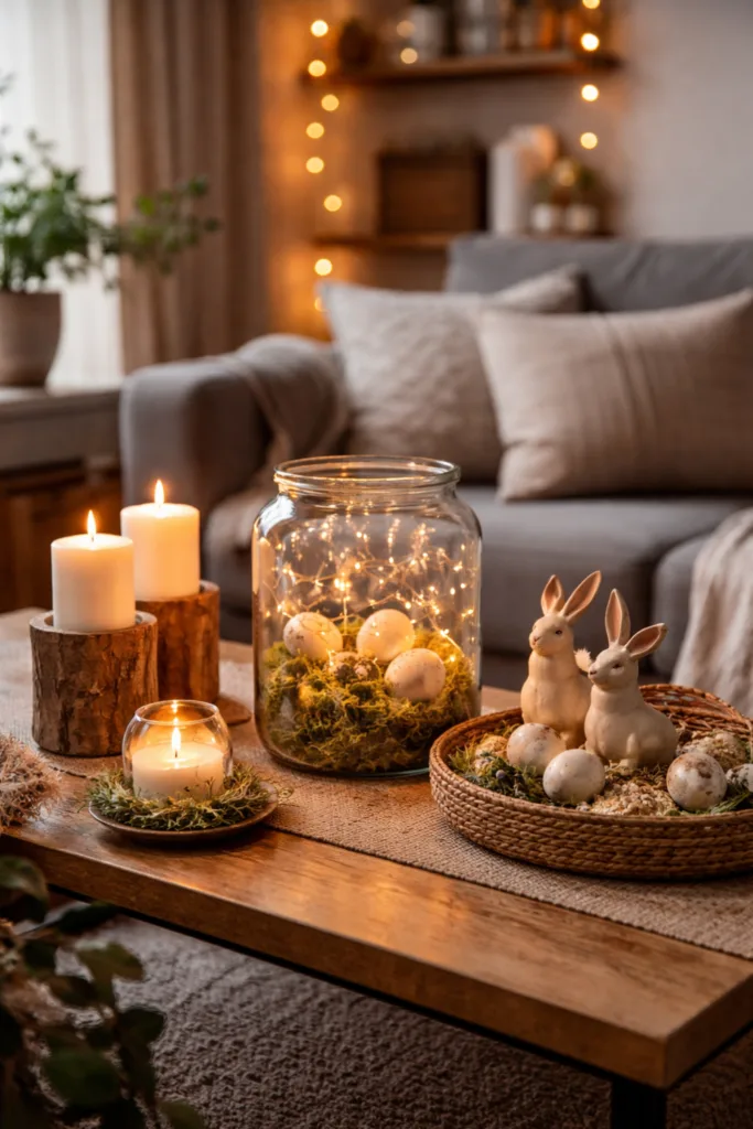 Osterdeko mit Kerzen, Lichterkette und Hasen im Wohnzimmer