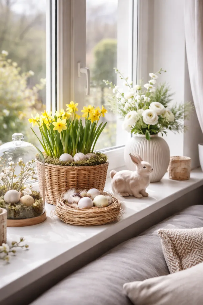 Fensterbank mit Osterdeko, Narzissen, Eiern und Keramikhase im Wohnzimmer