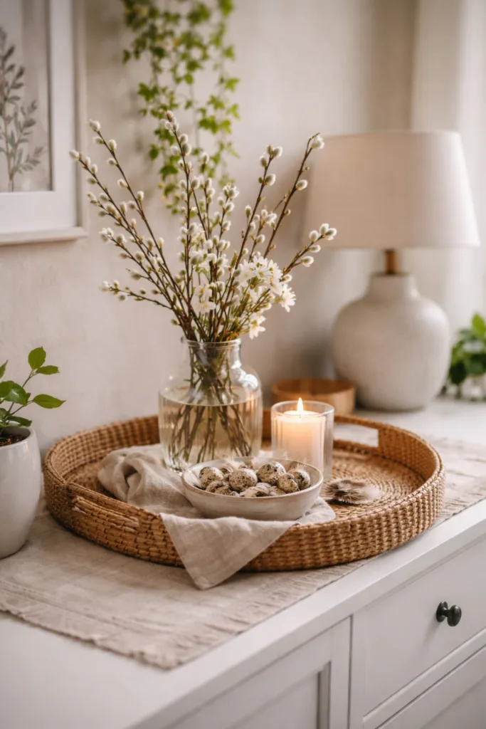 Frühlingsdeko für die Anrichte mit Vase, Rattankorb und Kerze in natürlichem Licht
