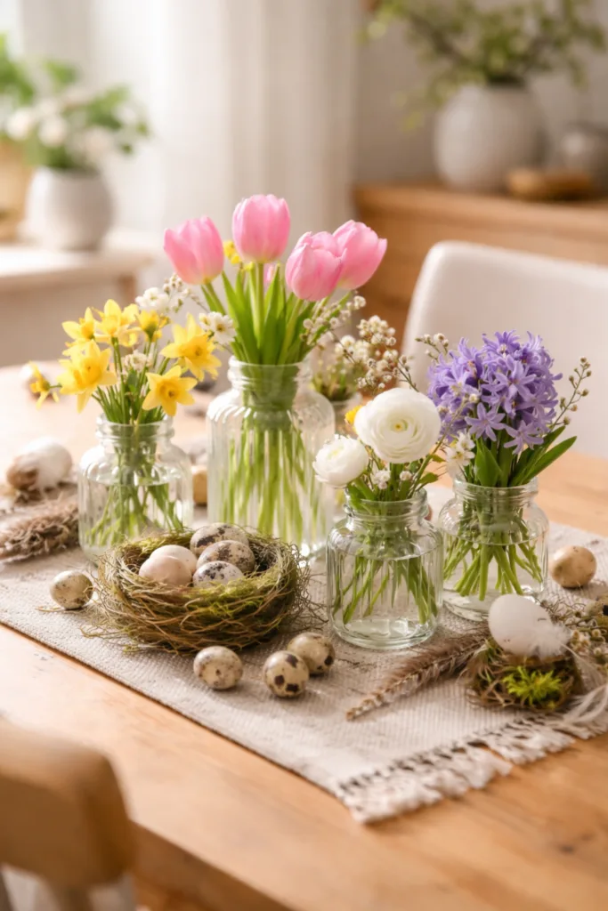 5 wundervolle Osterdeko-Ideen für deinen Esstisch Natürliche Osterdeko mit Tulpen, Narzissen und Eiern auf dem Esstisch