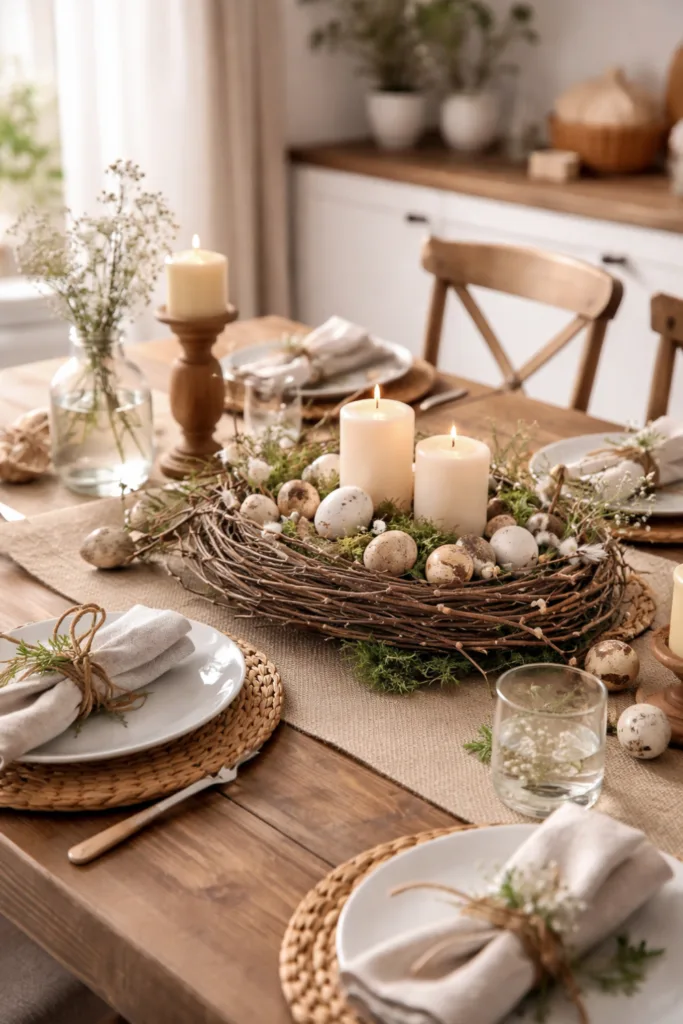5 wundervolle Osterdeko-Ideen für deinen Esstisch Rustikaler Esstisch mit Osterdeko aus Holz, Moos, Eiern und Kerzen im Landhausstil