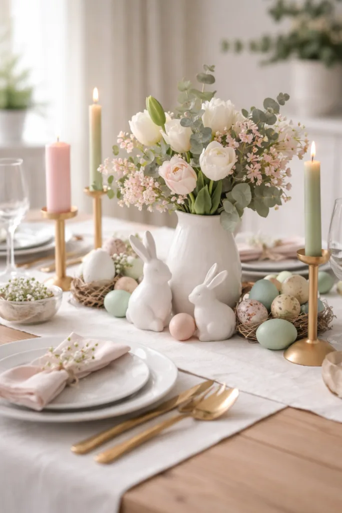 5 wundervolle Osterdeko-Ideen für deinen Esstisch Helle Osterdeko mit weißen Hasen, Pastelleiern und Blumen auf dem Esstisch