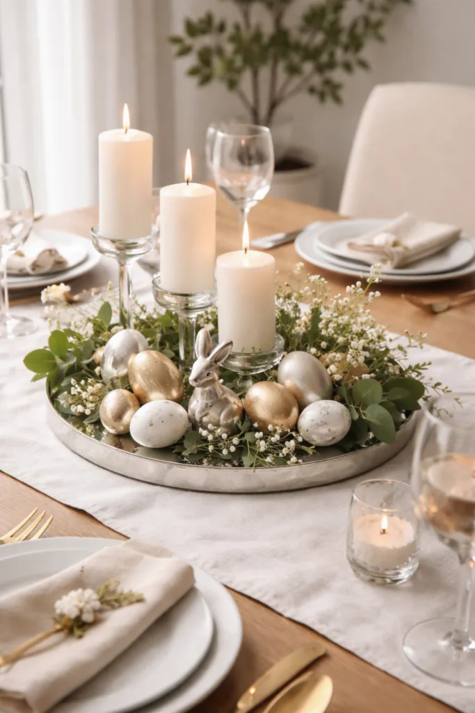 5 wundervolle Osterdeko-Ideen für deinen Esstisch Elegante Osterdeko für den Esstisch mit Kerzen, Glas und goldenen Eiern