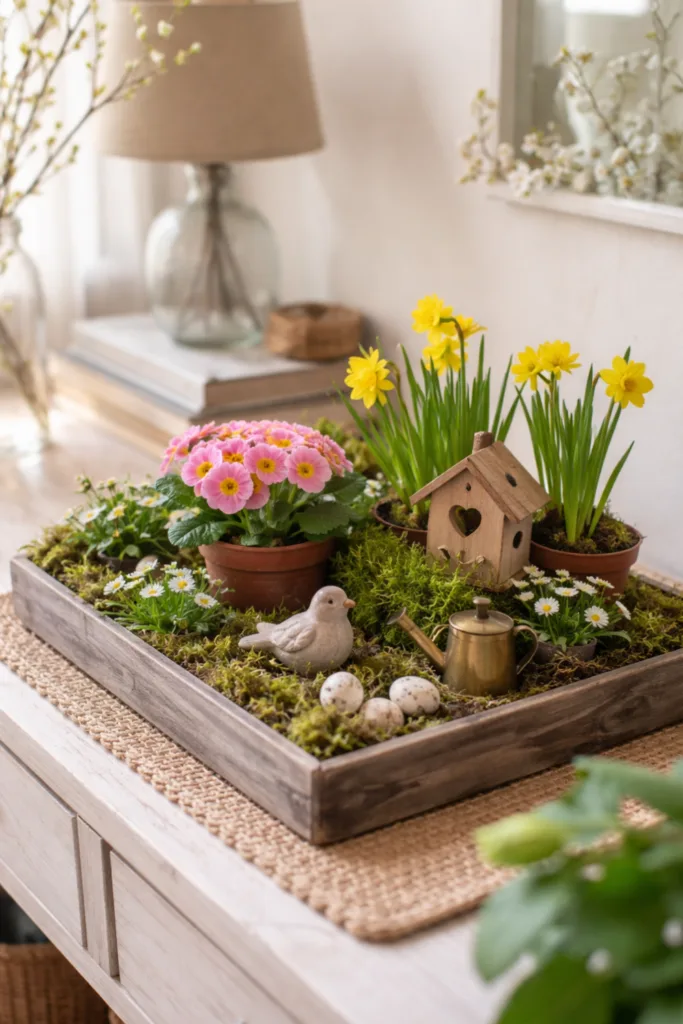 Mini-Frühlingsgarten auf Anrichte mit Narzissen, Primeln, Moos und Holzdeko