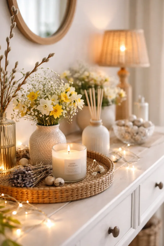 Natürliche Frühlingsdeko für die Anrichte mit Kerze, Blumen und Lichterkette