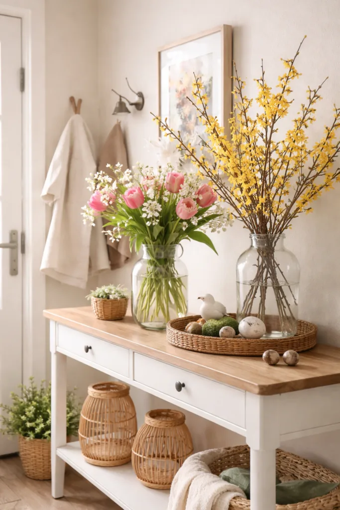 Vase mit Tulpen und Zweigen als frühlingshafte Deko im Flur