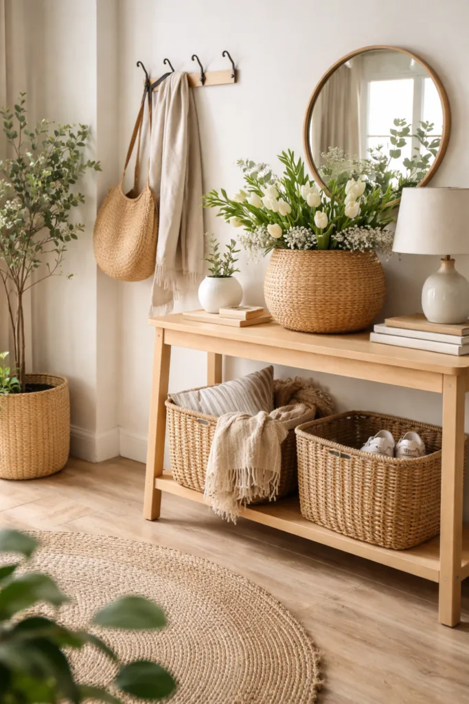 Heller Flur mit Frühlingsdeko aus Körben, Blumen und Naturmaterialien