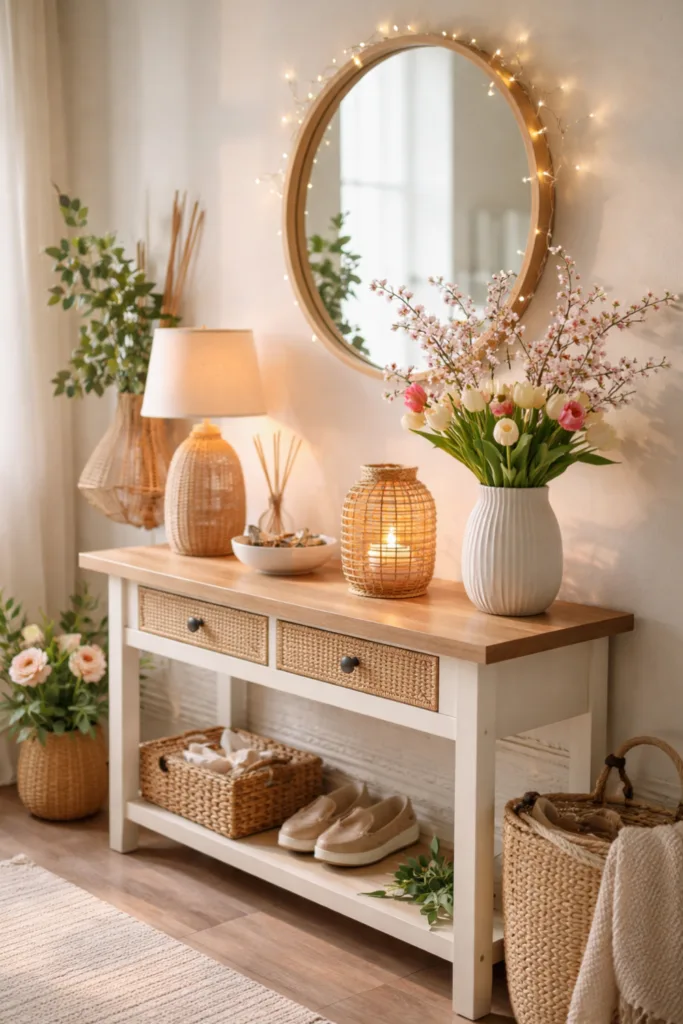 Heller Flur mit Frühlingsdeko, Blumen, Spiegel und sanfter Beleuchtung