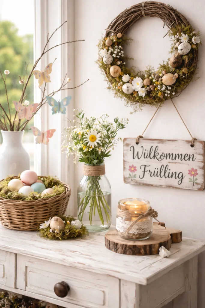 Natürliche Frühlingsdeko im Flur mit Blumen, Kranz und Willkommensschild