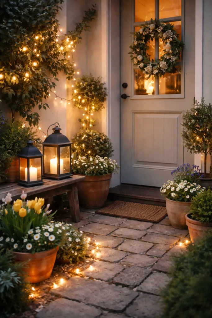 Beleuchteter Hauseingang mit Frühlingsdeko, Laternen und Blumen im Abendlicht