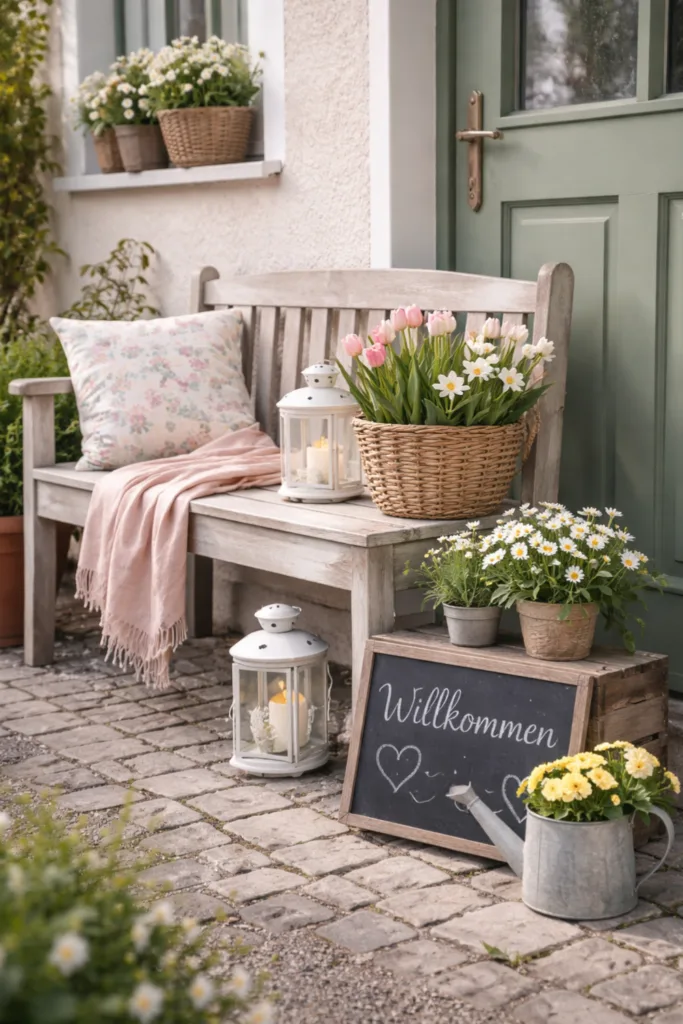 Frühlingsdeko Hauseingang mit Bank, Blumen, Laternen und Willkommen-Schild