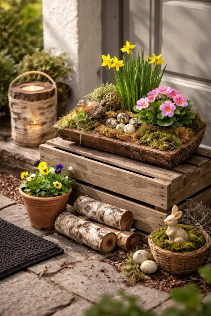 Frühlingsdeko für den Hauseingang mit Moos, Holz, Narzissen und Primeln