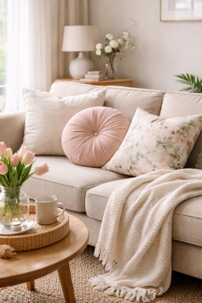 Beiges Sofa mit Frühlingsdeko, Kissen und Decke in Pastellfarben im Wohnzimmer
