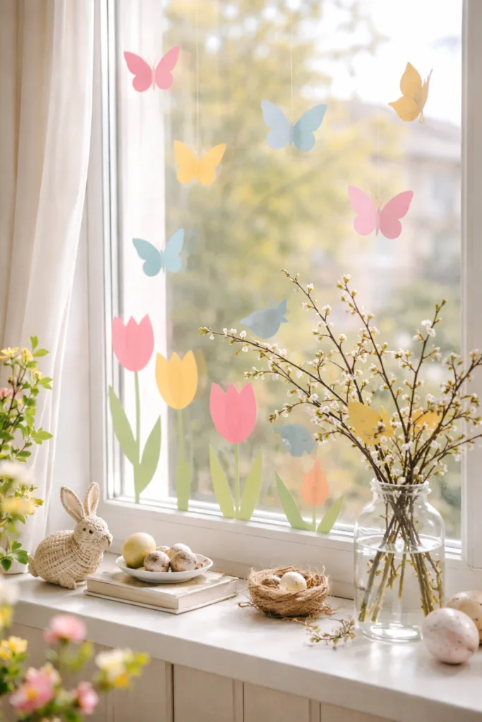 5 wunderschöne Ideen für deine Frühlingsdeko am Fenster Fenster mit Frühlingsdeko aus Papierblumen und Schmetterlingen im Sonnenlicht