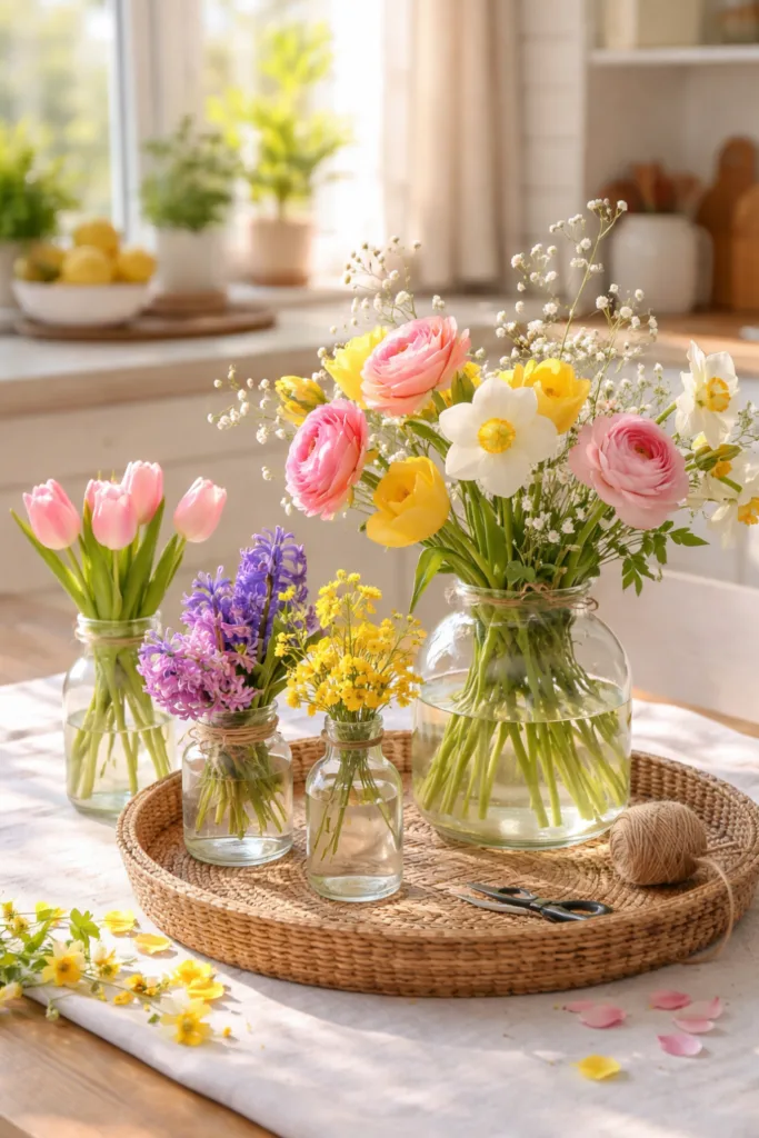 Frühlingsdeko Küche mit bunten Blumen in Vasen auf hell gedecktem Tisch