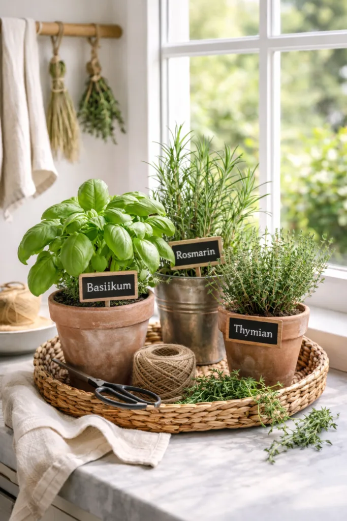 Kräutertöpfe mit Basilikum, Rosmarin und Thymian als Frühlingsdeko in der Küche