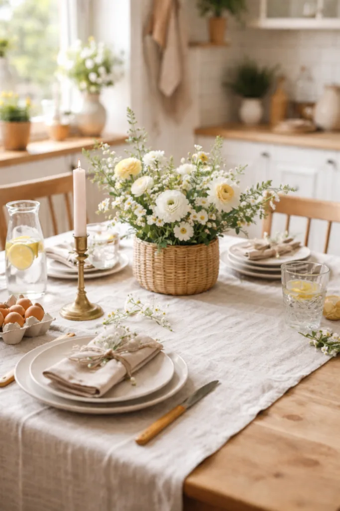Frühlingsdeko in der Küche mit Blumen, Leinen und natürlicher Tischdekoration