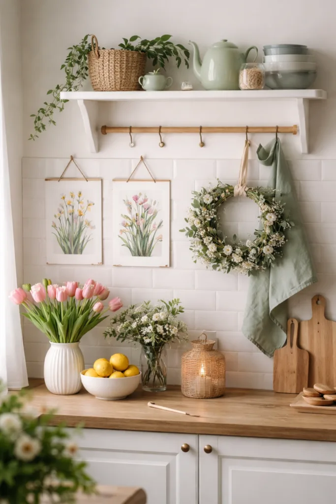 Helle Frühlingsdeko in der Küche mit Blumen, Kranz und Wandbildern