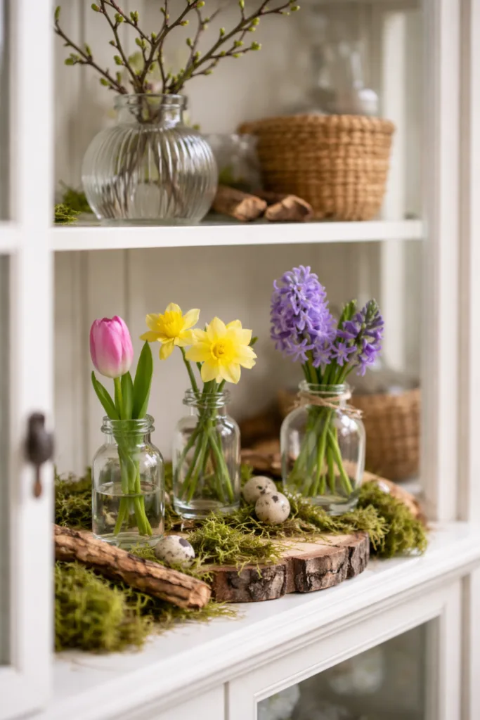 Vitrine mit Frühlingsdeko aus Tulpen, Narzissen und Hyazinthen in Glasvasen auf Moos