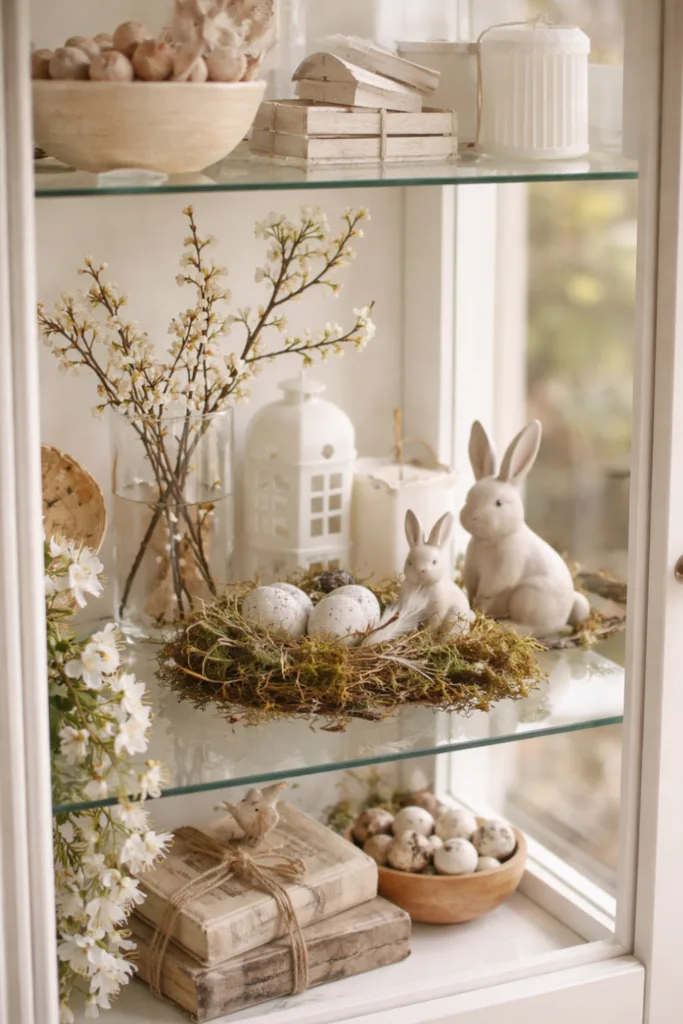 Frühlingsdeko für die Vitrine mit Moosnest, Eiern und Hasenfiguren in natürlichem Licht