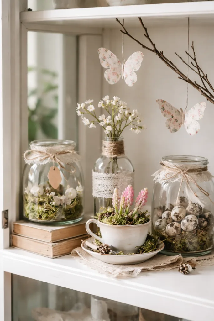 Natürliche Frühlingsdeko in Vitrine mit DIY-Elementen, Blumen und zarten Farben