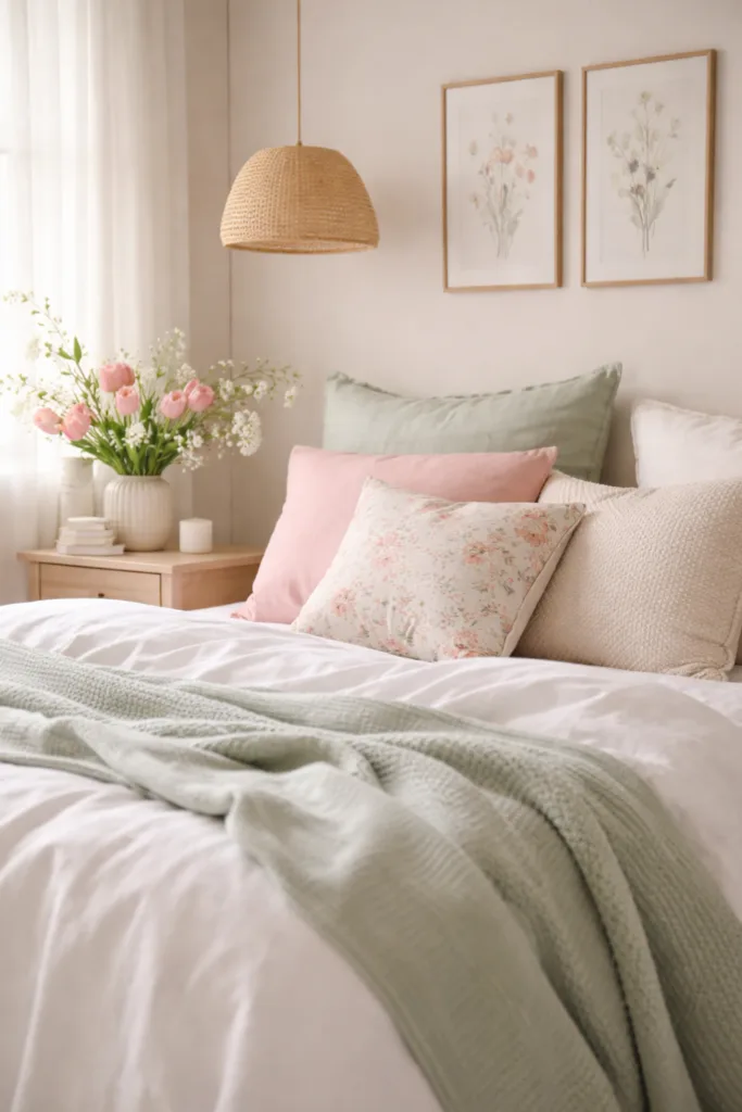 Helles Schlafzimmer mit Pastellfarben, Frühlingsdeko, Leinenbettwäsche und Blumenvasen