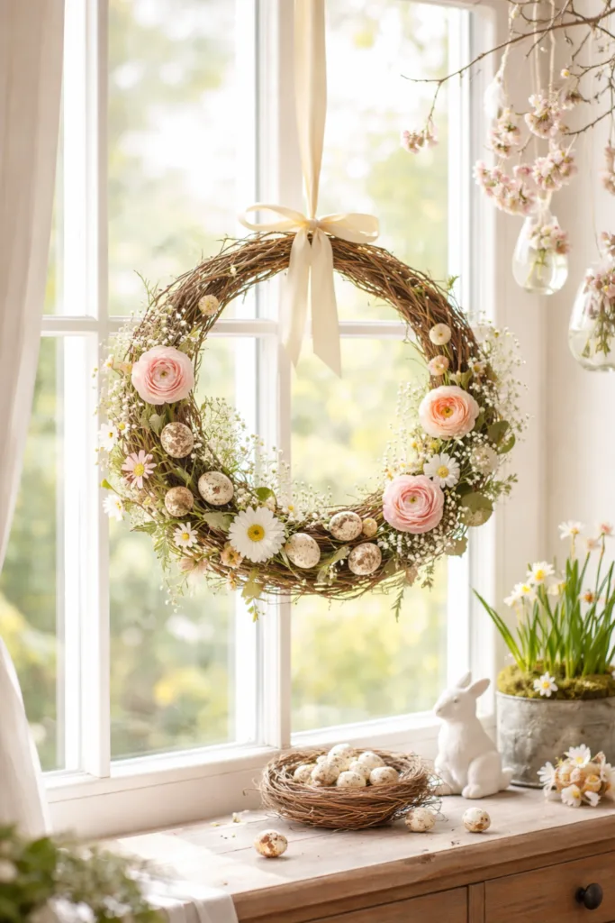5 wunderschöne Ideen für deine Frühlingsdeko am Fenster Natürlicher Frühlingskranz am Fenster mit Blumen, Eiern und sanftem Licht
