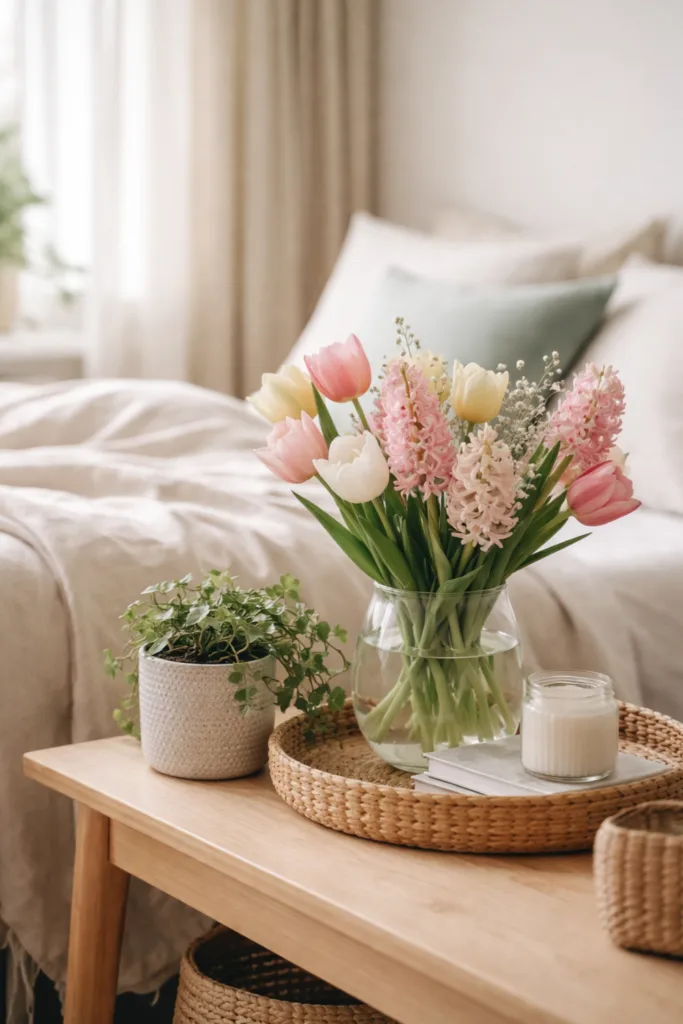 Frühlingsdeko im Schlafzimmer mit Tulpen und Hyazinthen in Glasvase auf Holztisch