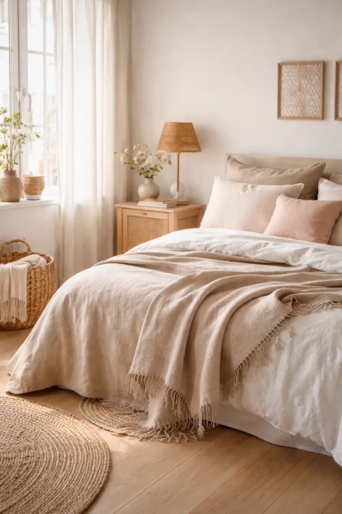 Helles Schlafzimmer mit Leinenbettwäsche, Rattanmöbeln und natürlicher Frühlingsdeko