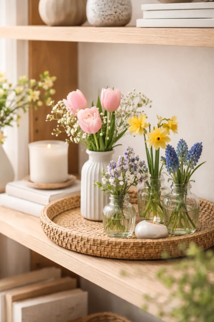 Frühlingsdeko Regal mit Tulpen, Narzissen und Hyazinthen in Glasvasen auf Holztablett
