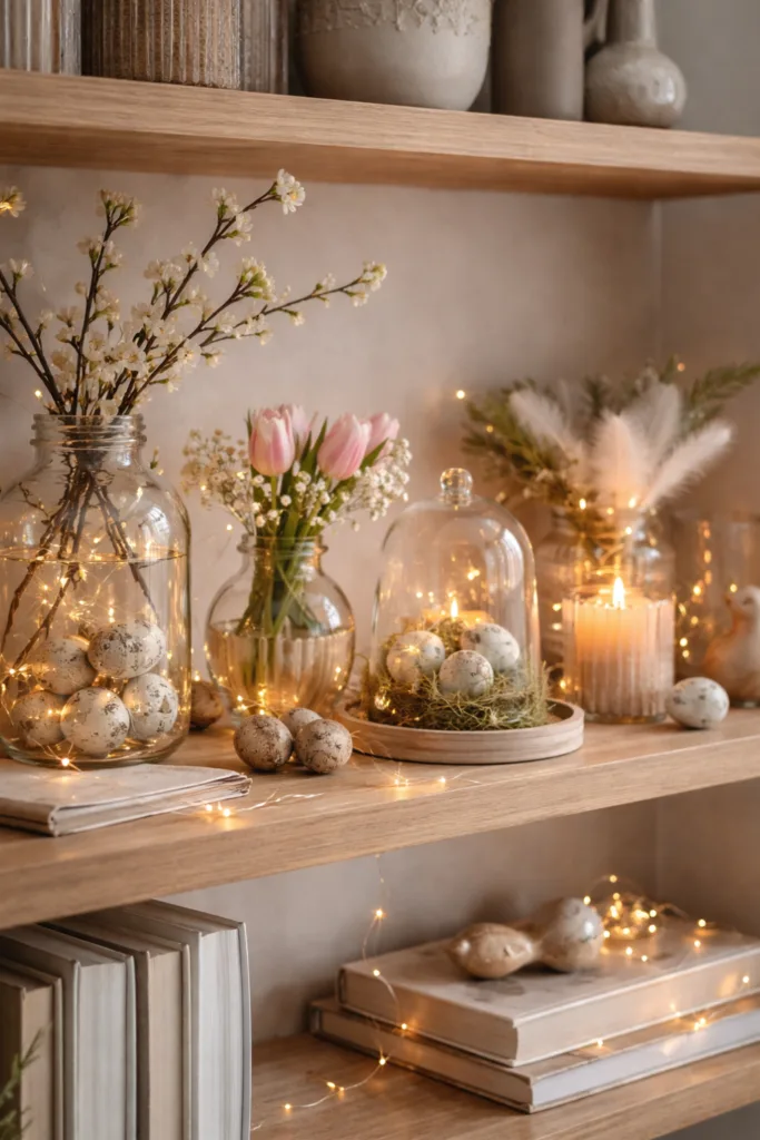 Frühlingsdeko im Regal mit Glasvasen, Lichterkette und natürlichem Licht