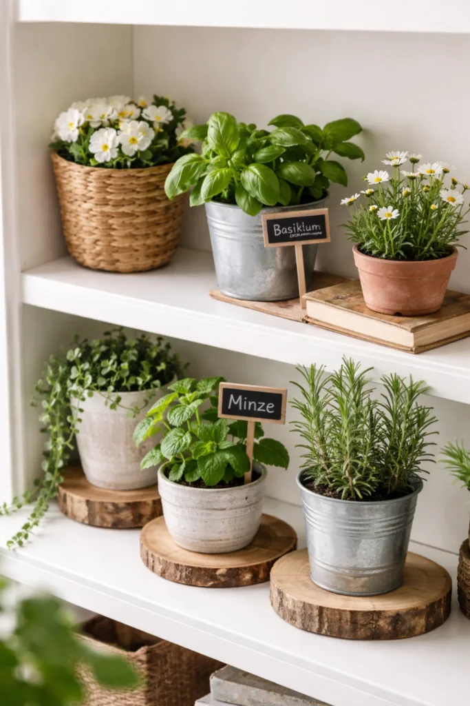 Frühlingsdeko Regal mit Basilikum, Minze und Blumen in natürlichen Töpfen