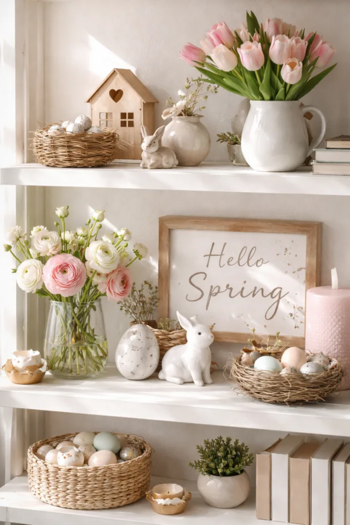 Frühlingsdeko Regal mit Tulpen, Holzhasen und pastellfarbenen Accessoires in natürlichem Licht