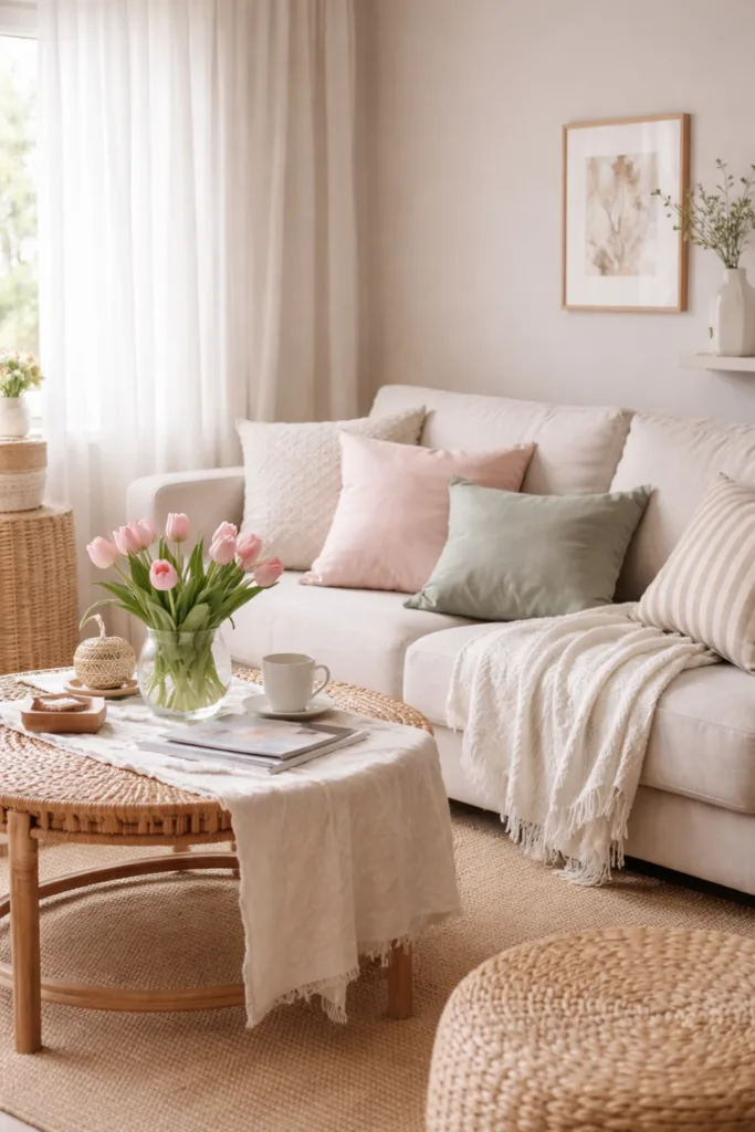 Helles kleines Wohnzimmer mit Frühlingsdeko, pastellfarbenen Kissen und Tulpen