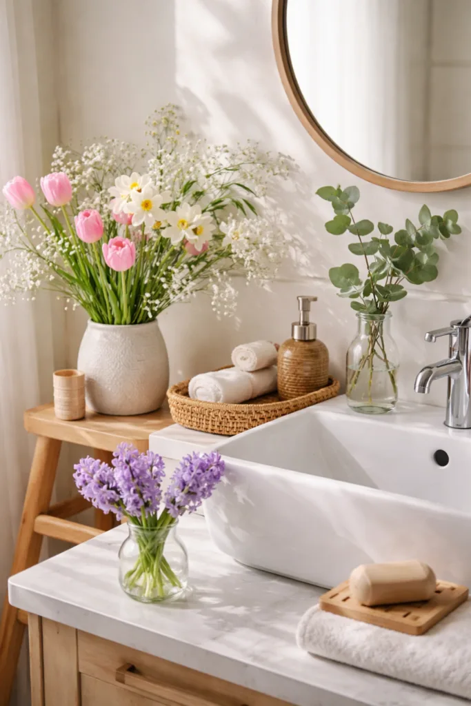 Frühlingsdeko im Badezimmer mit Tulpen, Narzissen und Eukalyptus in natürlichem Licht
